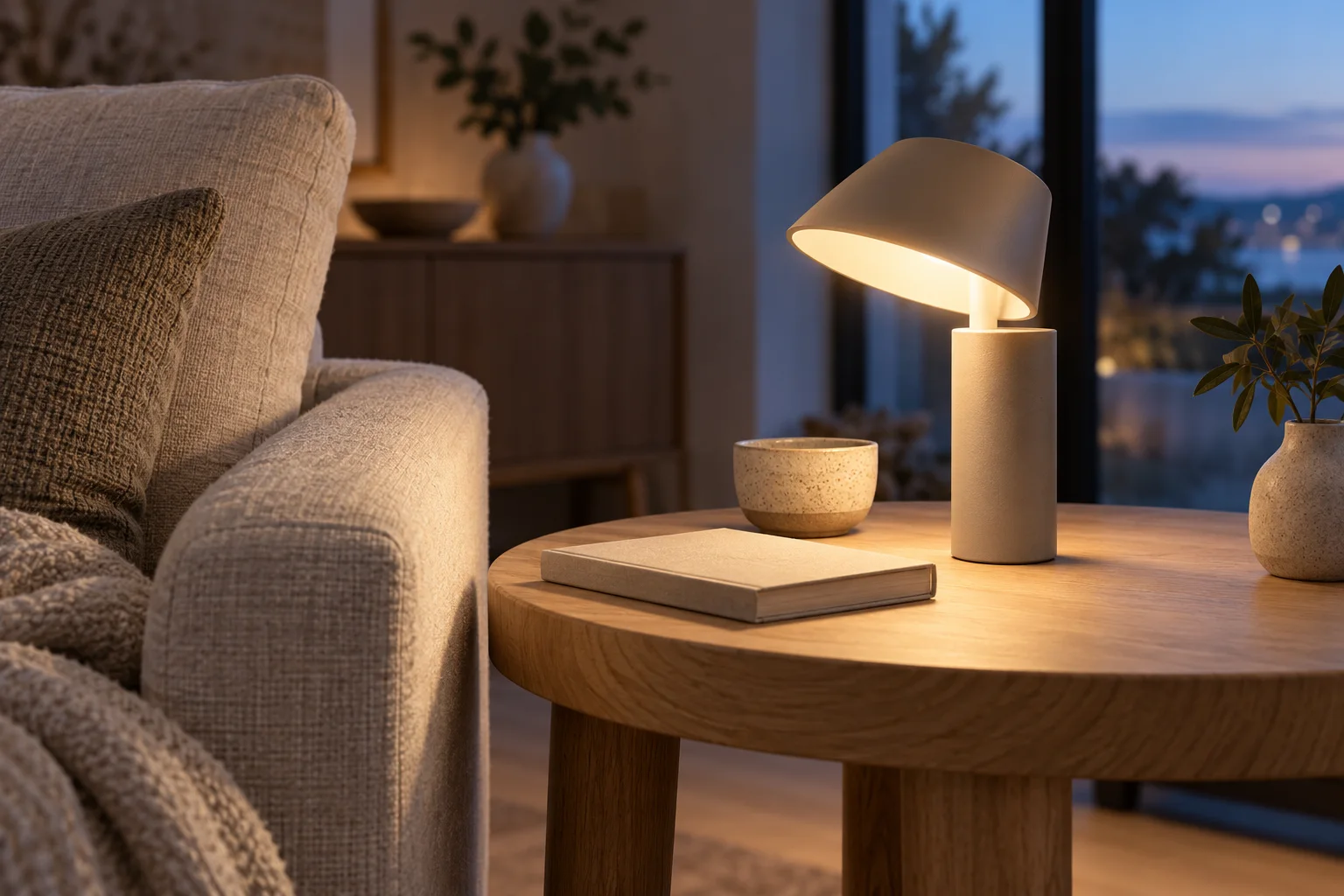 An invented unbranded portable lamp lighting an oak side table beside a linen armchair