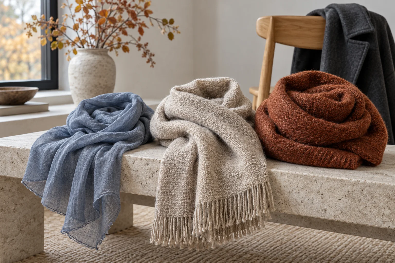 Three unbranded scarves in slate blue, oatmeal and rust beside a charcoal coat on an oak chair